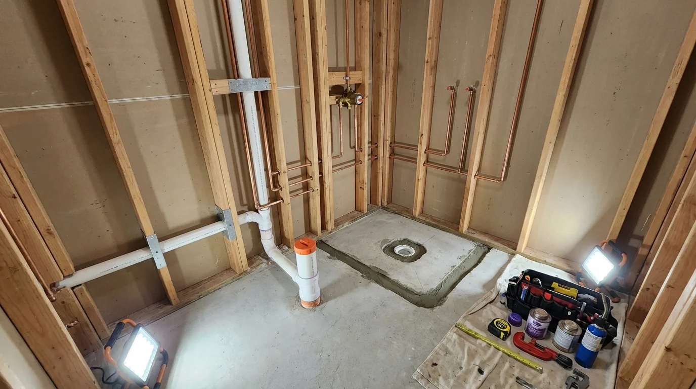 Bathroom rough-in plumbing during remodel by Johns Plumbing LLC in Freehold