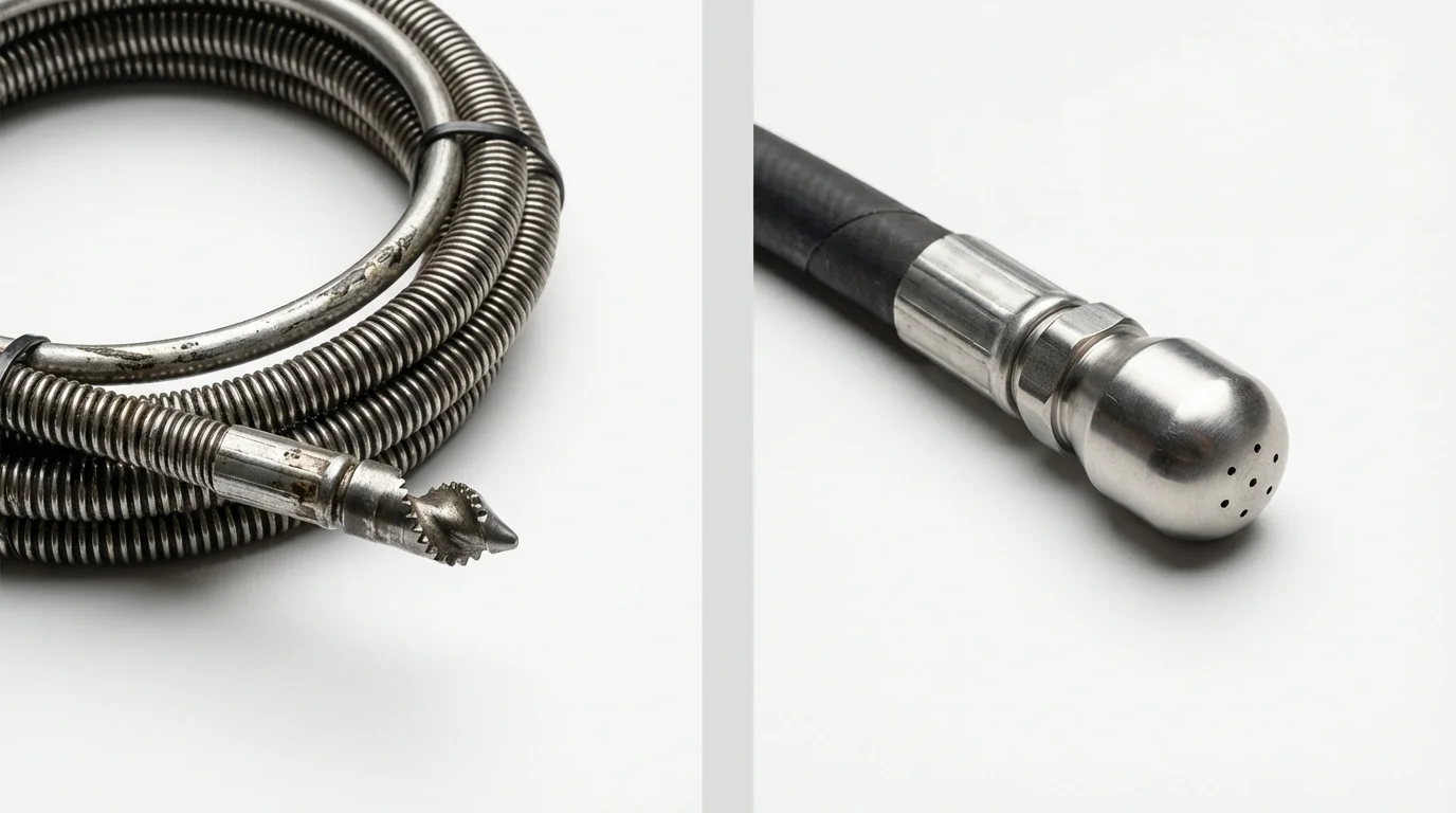 Drain snake cable and hydro jetting nozzle used for drain cleaning in Freehold, NJ