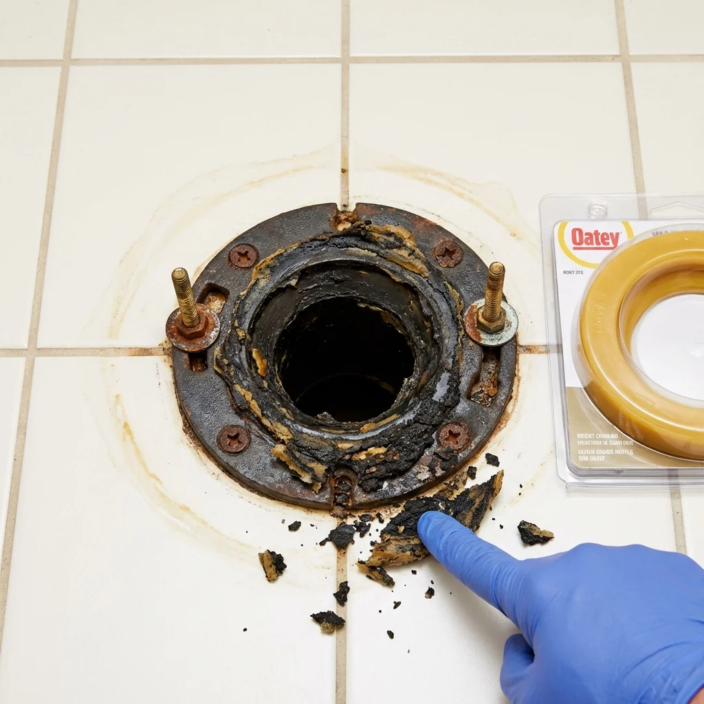 Failed wax ring showing water seepage at the base of a toilet in a Freehold, NJ home