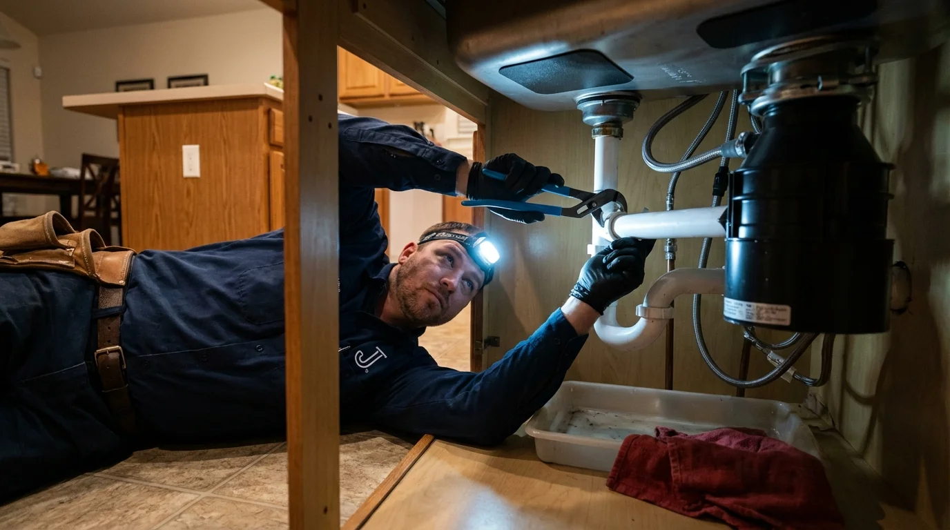 P-trap and supply line connections under a kitchen sink showing a common leak point in Freehold, NJ